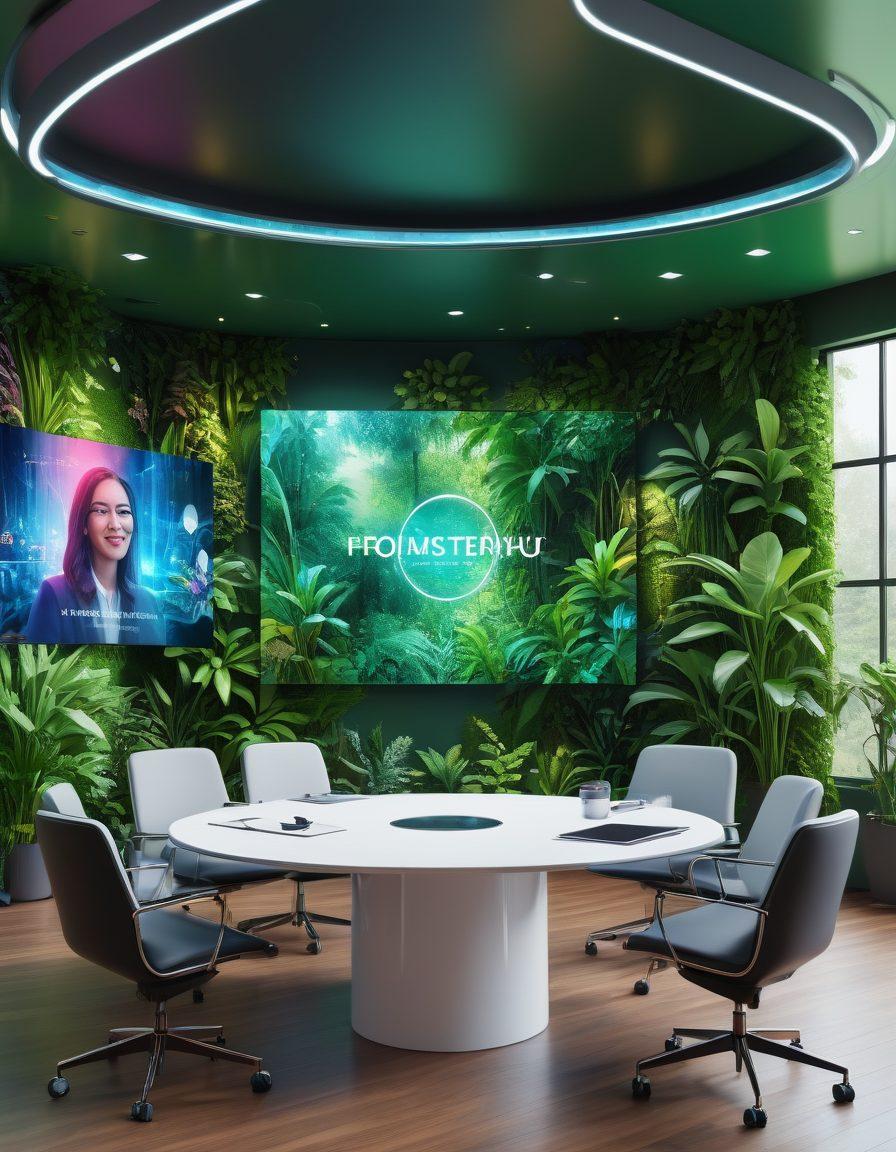 A futuristic virtual meeting room with diverse team members interacting via holographic displays. Everyone is engaged, with clear video feeds and seamless data sharing between devices. Background shows lush greenery to emphasize a stress-free environment. modern, sleek design. super-realistic. vibrant colors.
