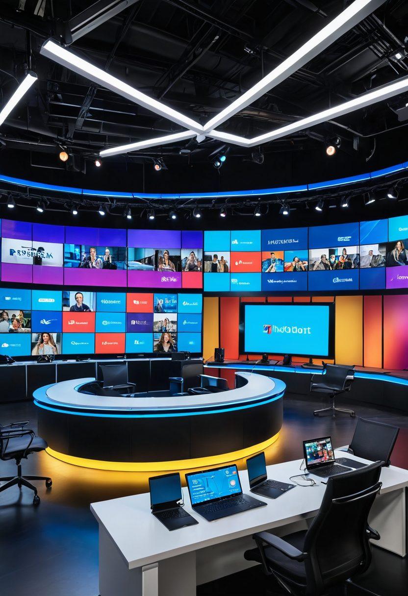 A dynamic collage showing a live broadcast studio with energetic hosts, a captivating teleconferencing session with engaged participants from various backgrounds, and interactive digital elements like live comments and streaming analytics. Include vibrant, modern tech aesthetics, highlighting engagement and connectivity. super-realistic. vibrant colors.