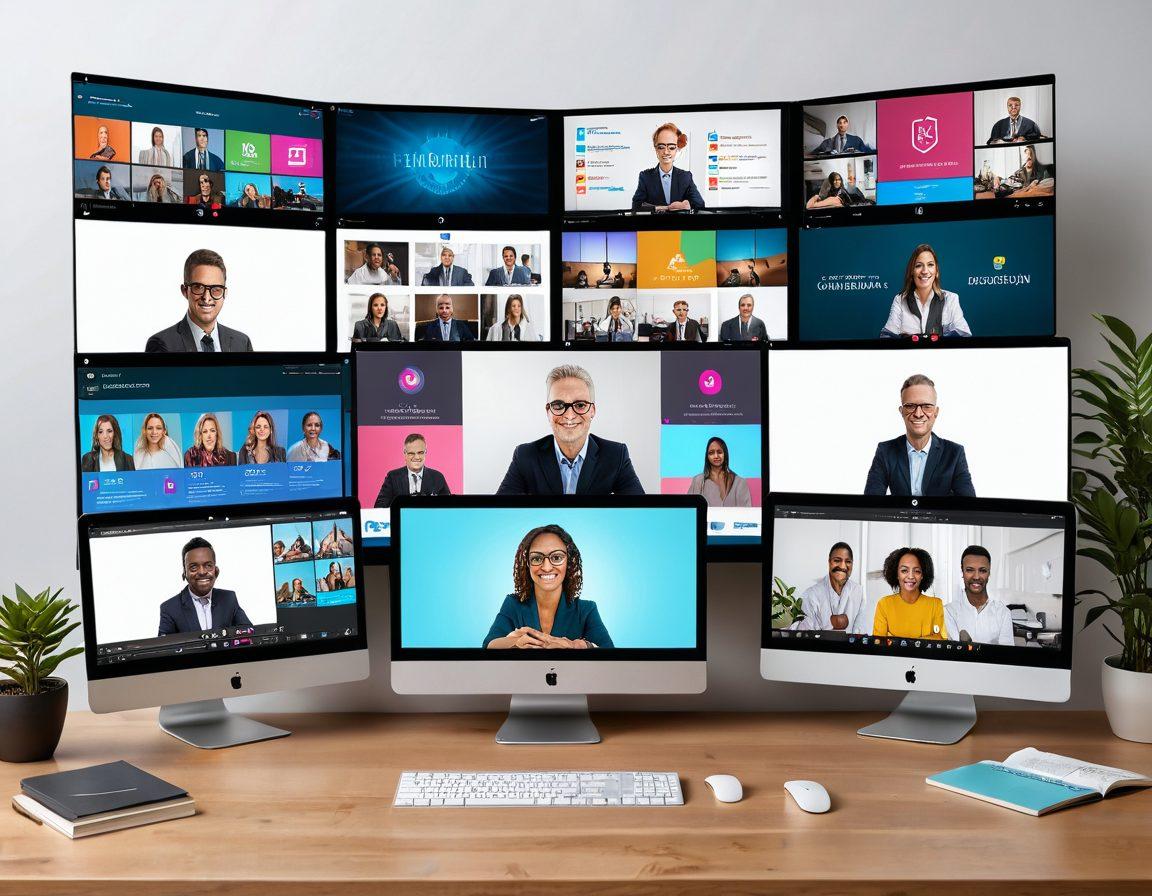 A dynamic scene showing a captivating webinar setup with a confident host live streaming from a home studio. Multiple screens display a virtual meeting with engaged participants, and a high-quality webcam is positioned above the main screen. Modern, well-lit room with motivational posters on the wall. Super-realistic. Vibrant colors. White background.
